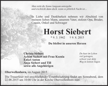 Traueranzeige von Horst Siebert von Ostthüringer Zeitung