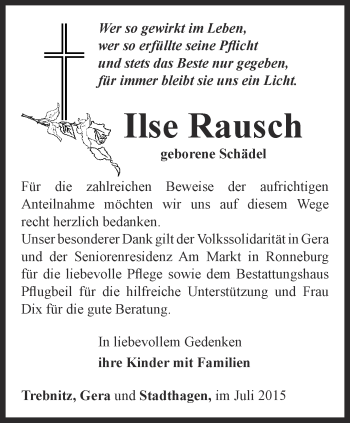 Traueranzeige von Ilse Rausch von Ostthüringer Zeitung