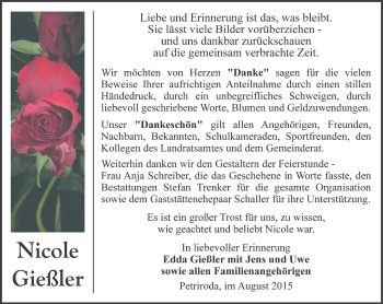 Traueranzeige von Nicole Gießler von Ostthüringer Zeitung, Thüringische Landeszeitung