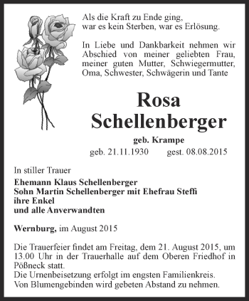 Traueranzeige von Rosa Schellenberger von Ostthüringer Zeitung