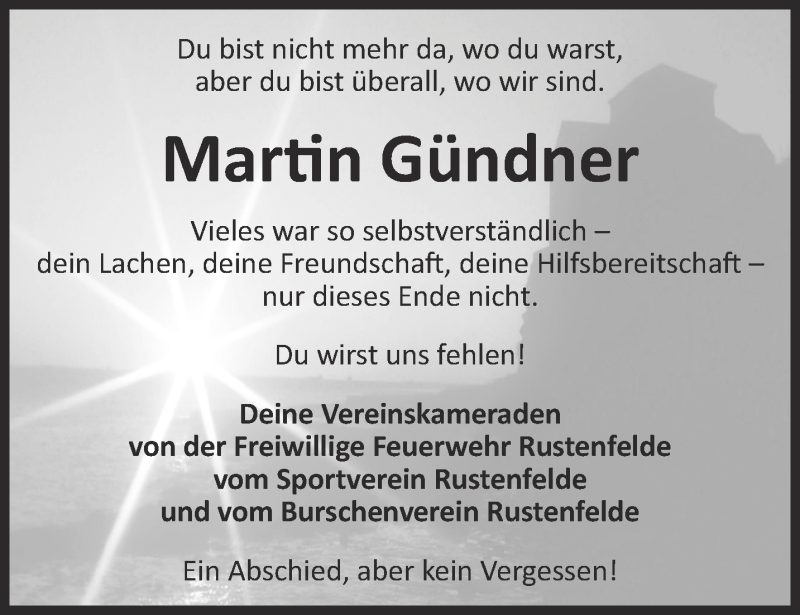  Traueranzeige für Martin Gündner vom 22.08.2015 aus Thüringer Allgemeine