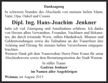 Traueranzeige von Hans-Joachim Jenkner von Thüringer Allgemeine, Thüringische Landeszeitung