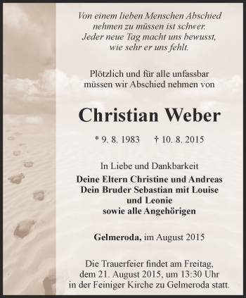 Traueranzeige von Christian Weber von Thüringer Allgemeine, Thüringische Landeszeitung