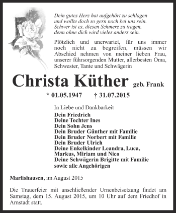 Traueranzeige von Christa Küther von Thüringer Allgemeine