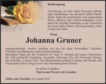 Traueranzeige von Johanna Gruner von Ostthüringer Zeitung