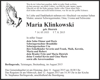 Traueranzeige von Maria Klinkowski von Thüringer Allgemeine