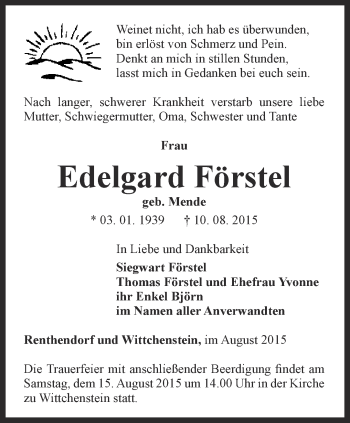 Traueranzeige von Edelgard Förstel von Ostthüringer Zeitung