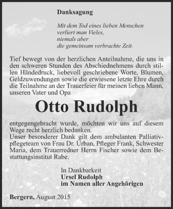 Traueranzeige von Otto Rudolph von Thüringer Allgemeine, Thüringische Landeszeitung