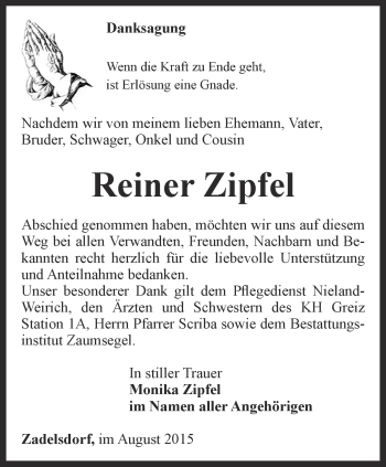 Traueranzeige von Reiner Zipfel von Ostthüringer Zeitung
