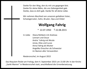 Traueranzeige von Wolfgang Fahrig von Thüringer Allgemeine