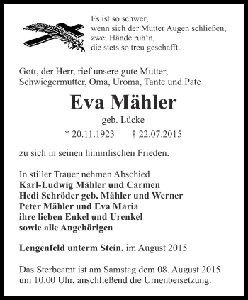 Traueranzeige von Eva Mähler von Thüringer Allgemeine, Thüringische Landeszeitung