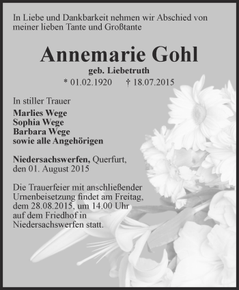 Traueranzeige von Annemarie Gohl von Thüringer Allgemeine