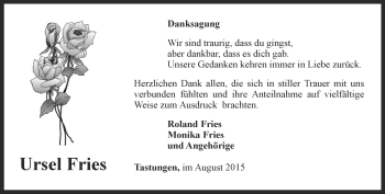 Traueranzeige von Ursel Fries von Thüringer Allgemeine