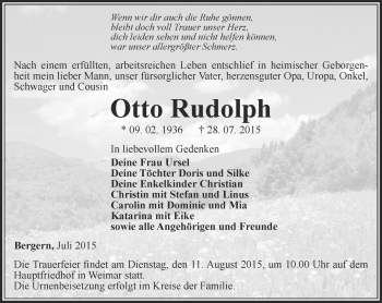 Traueranzeige von Otto Rudolph von Thüringer Allgemeine, Thüringische Landeszeitung