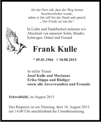 Traueranzeige von Frank Kulle von Zeitungsgruppe Thüringen Trauer