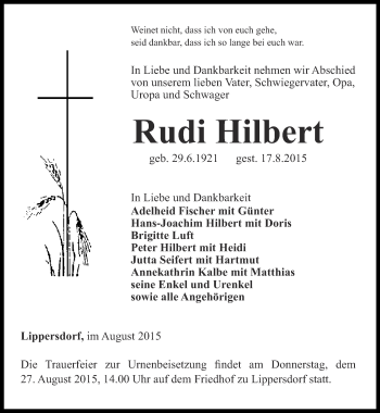 Traueranzeige von Rudi Hilbert von Ostthüringer Zeitung
