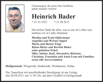 Traueranzeige von Heinrich Bader von Thüringer Allgemeine