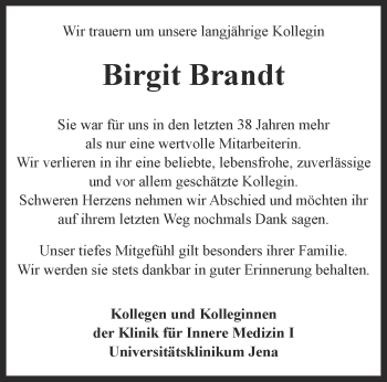 Traueranzeige von Birgit Brandt von Ostthüringer Zeitung, Thüringische Landeszeitung