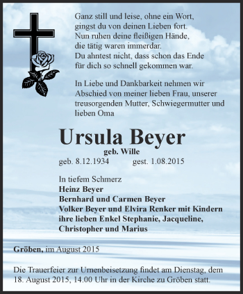 Traueranzeige von Ursula Beyer von Ostthüringer Zeitung