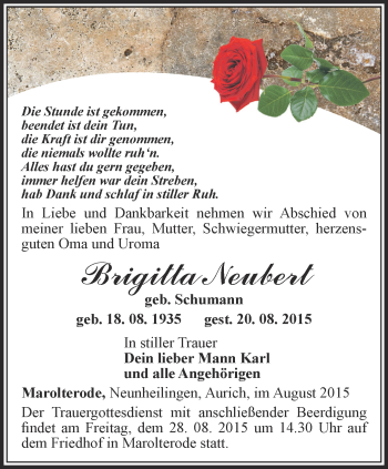 Traueranzeige von Brigitta Neubert von Thüringer Allgemeine, Thüringische Landeszeitung