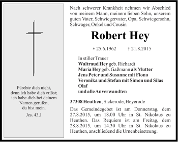 Traueranzeige von Robert Hey von Thüringer Allgemeine