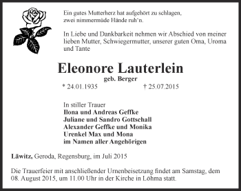 Traueranzeige von Eleonore Lauterlein von Ostthüringer Zeitung