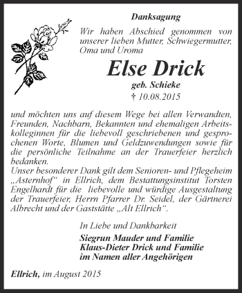 Traueranzeige von Else Drick von Thüringer Allgemeine