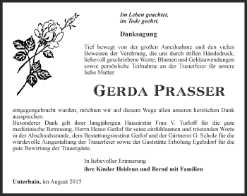 Traueranzeige von Gerda Prasser von Ostthüringer Zeitung