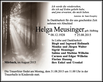 Traueranzeige von Helga Meusinger von Thüringer Allgemeine