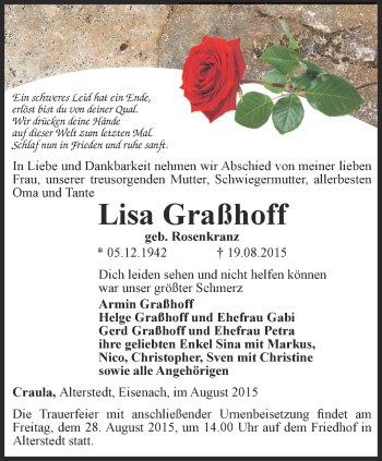 Traueranzeige von Lisa Graßhoff von Thüringer Allgemeine, Thüringische Landeszeitung