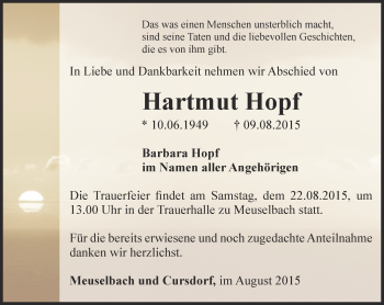 Traueranzeige von Hartmut Hopf von Ostthüringer Zeitung
