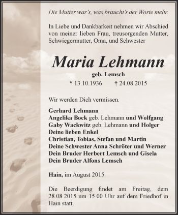 Traueranzeige von Maria Lehmann von Thüringer Allgemeine