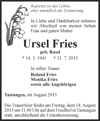 Traueranzeige von Ursel Fries von Thüringer Allgemeine