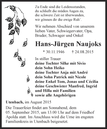 Traueranzeige von Hans-Jürgen Naujoks von Thüringer Allgemeine, Thüringische Landeszeitung