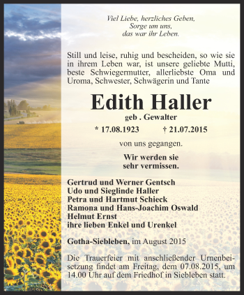 Traueranzeige von Edith Haller von Ostthüringer Zeitung, Thüringische Landeszeitung