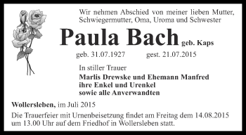 Traueranzeige von Paula Bach von Thüringer Allgemeine