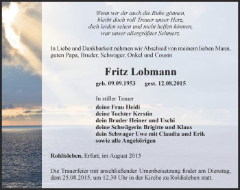 Traueranzeige von Fritz Lobmann von Thüringer Allgemeine