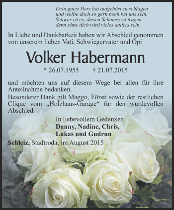Traueranzeige von Volker Habermann von Ostthüringer Zeitung