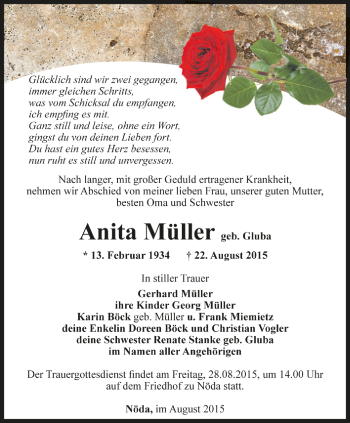 Traueranzeige von Anita Müller von Zeitungsgruppe Thüringen Trauer