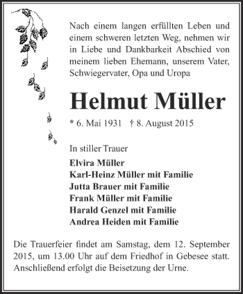 Traueranzeige von Helmut Müller von Thüringer Allgemeine