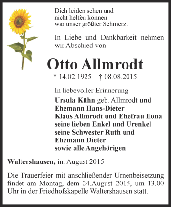 Traueranzeige von Otto Allmrodt von Ostthüringer Zeitung, Thüringische Landeszeitung