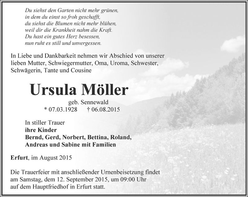  Traueranzeige für Ursula Möller vom 29.08.2015 aus Thüringer Allgemeine, Thüringische Landeszeitung