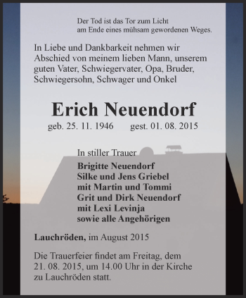Traueranzeige von Erich Neuendorf von Thüringer Allgemeine, Thüringische Landeszeitung
