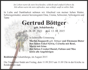 Traueranzeige von Gertrud Böttger von Thüringer Allgemeine