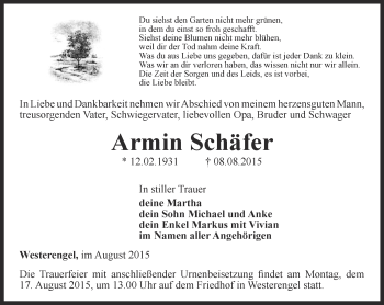 Traueranzeige von Armin Schäfer von Thüringer Allgemeine