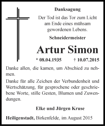 Traueranzeige von Artur Simon von Thüringer Allgemeine