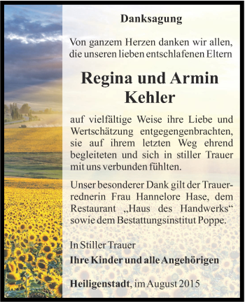 Traueranzeige von Regina und Armin Kehler von Thüringer Allgemeine