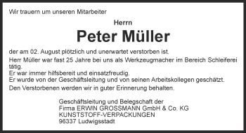 Traueranzeige von Peter Müller von Ostthüringer Zeitung