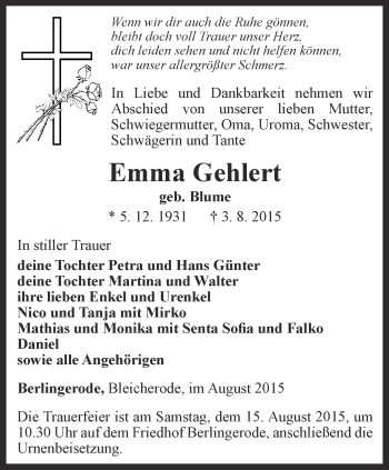 Traueranzeige von Emma Gehlert von Thüringer Allgemeine