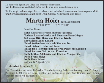 Traueranzeige von Marta Hoier von Thüringer Allgemeine